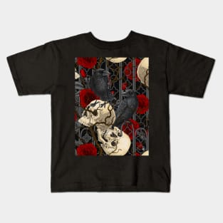 Raven's secret. Dark and moody gothic illustration with human skulls and roses Kids T-Shirt